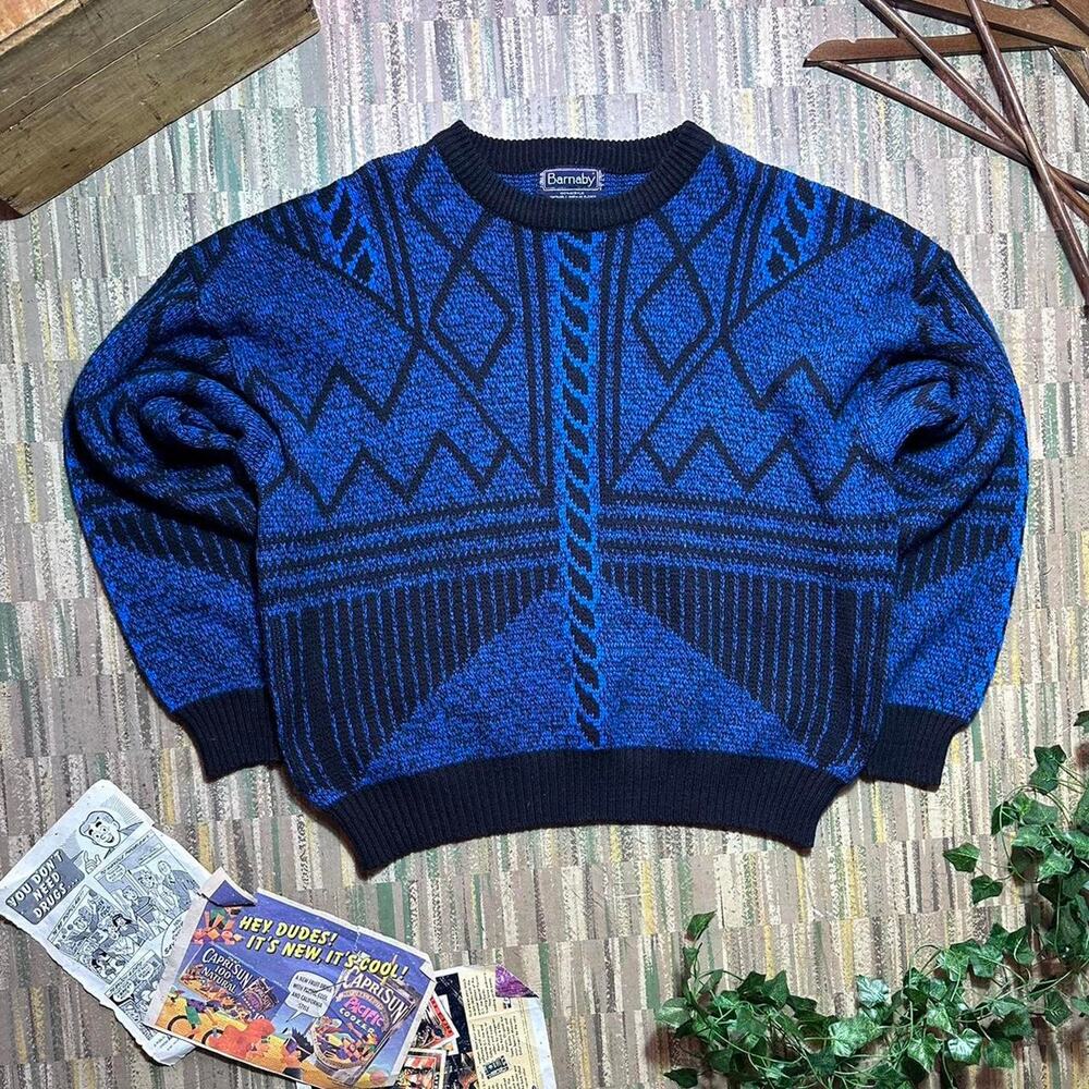 Vintage Blue and Black Knit Sweater Womens 3X Boxy Fit Acrylic Sweatshirt